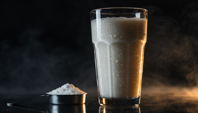 Eiwitshake met scoop whey protein op donkere achtergrond, obsidian merkstijl
