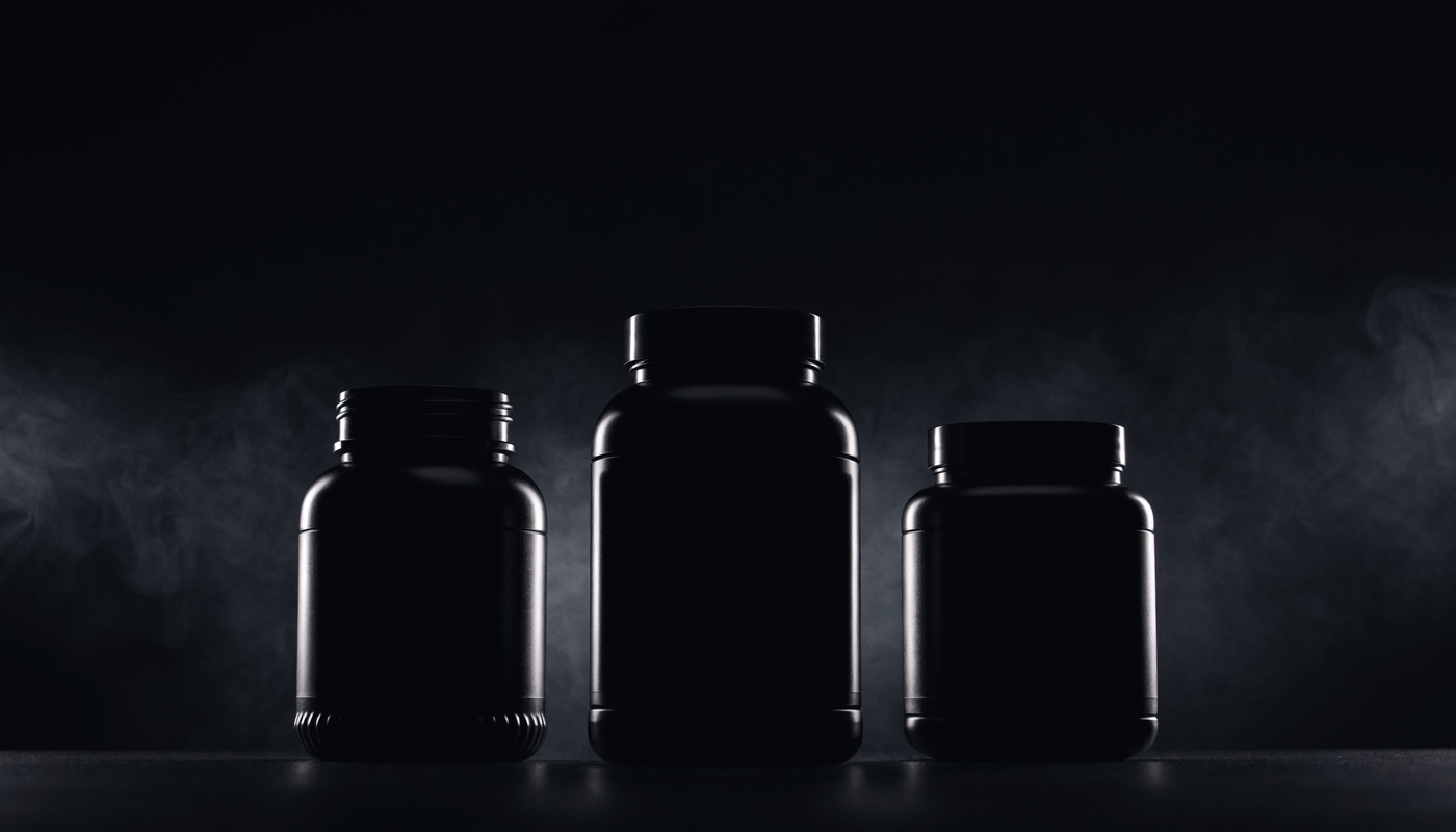 Drie supplement producten pre-workout whey en creatine samen uitgestald, donkere obsidian studio