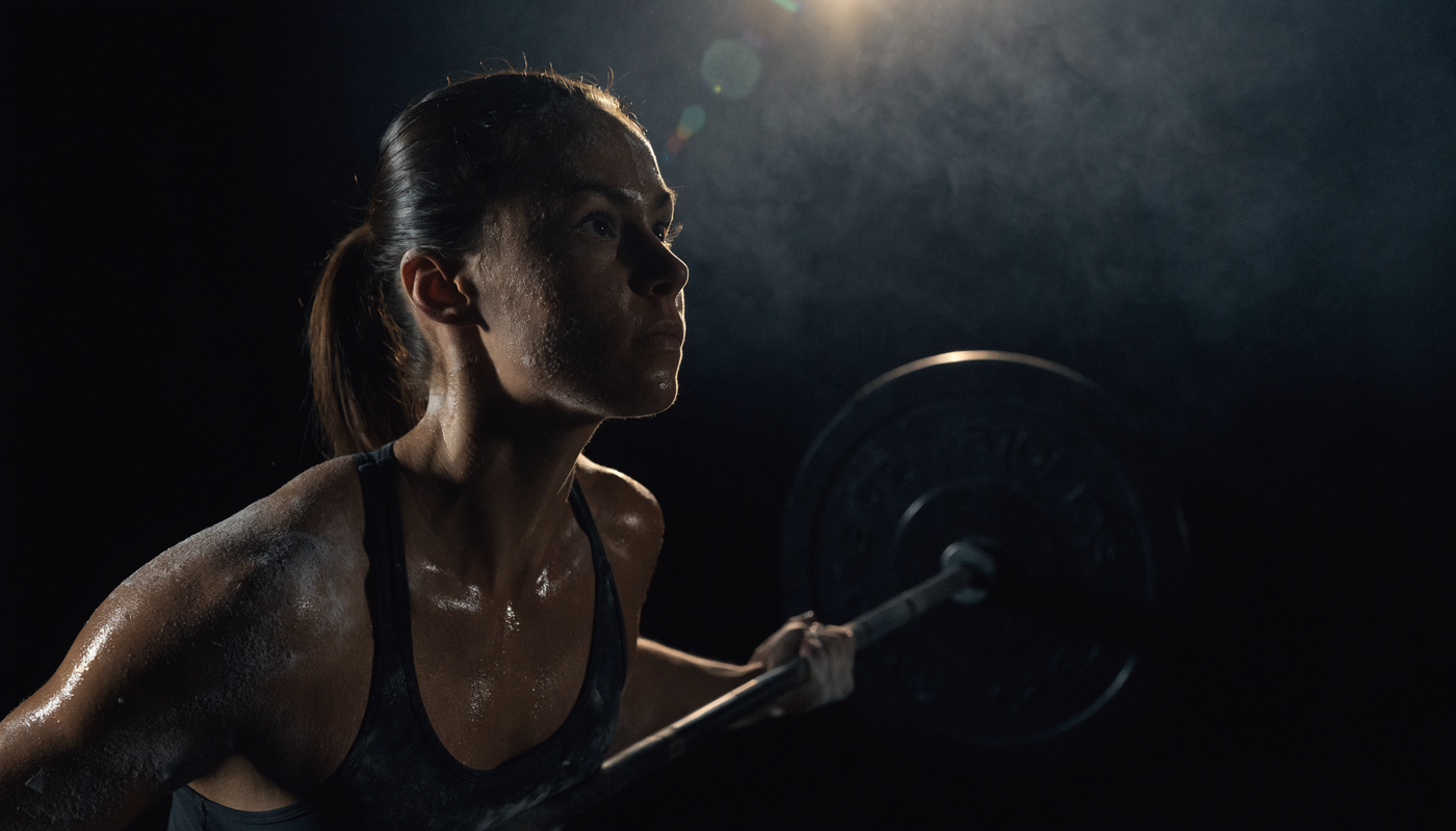 Vrouw traint met kracht in de sportschool, donkere obsidian sfeer, symbool voor creatine voordelen voor vrouwen