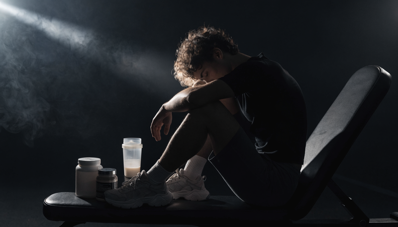 Atleet rust uit na training, donkere sfeer met supplementen op tafel, obsidian merkstijl