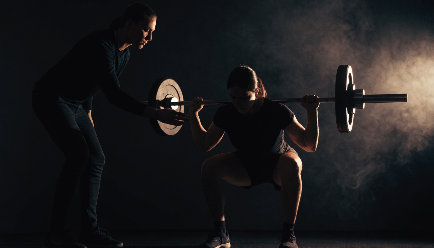 Beginnende sporter oefent squat techniek met halterstang in donkere obsidian sportschool