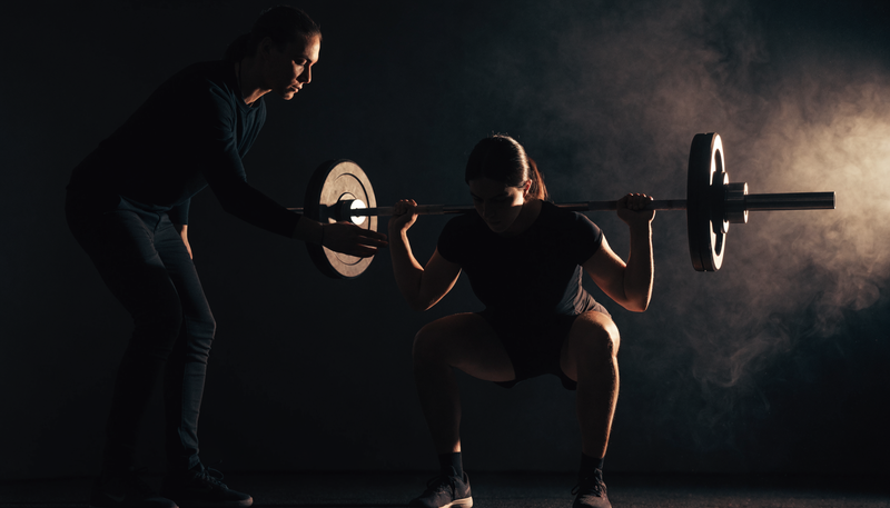 Beginnende sporter oefent squat techniek met halterstang in donkere obsidian sportschool
