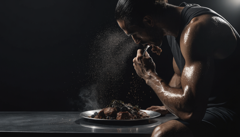 Atleet eet een grote eiwitrijke maaltijd na training, donkere obsidian foodstyling