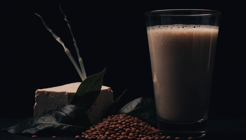 Whey shake naast plantaardige eiwitbronnen zoals linzen en tofu, donkere obsidian foodstyling