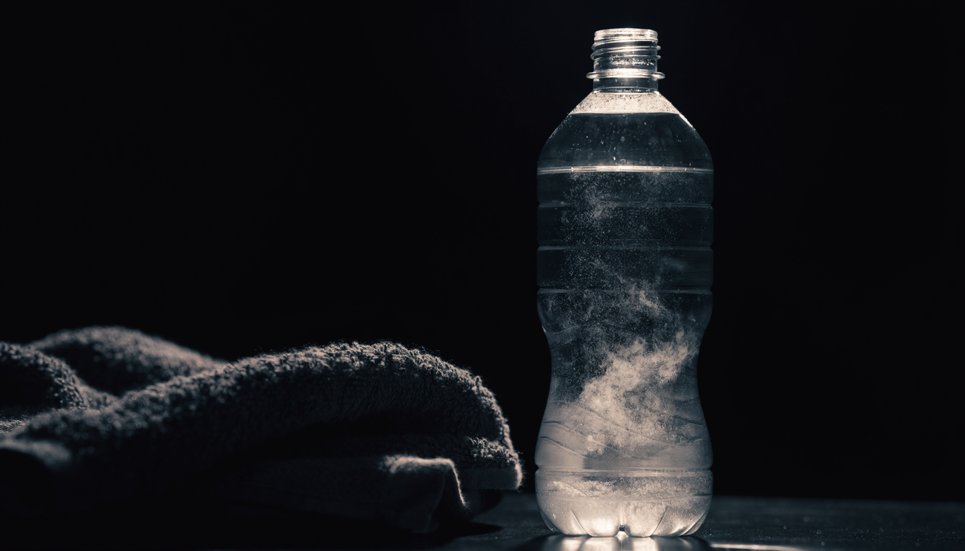 Glas water met elektrolyten poeder en zweet op een handdoek, donkere obsidian studio sfeer