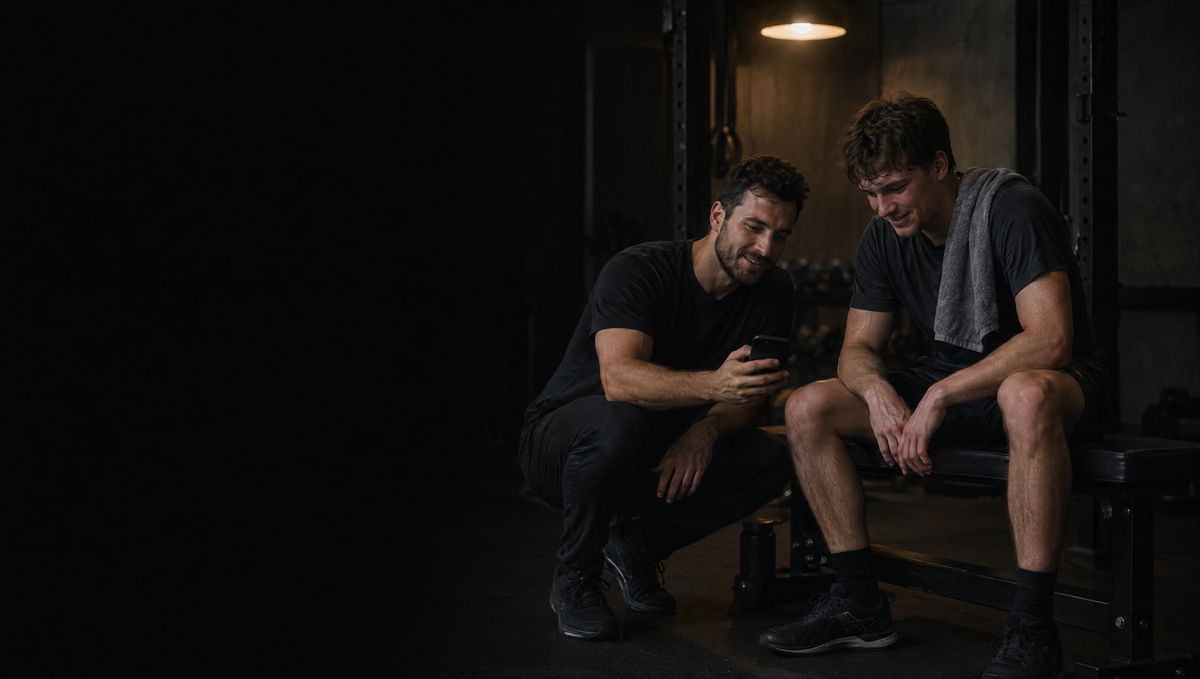 Een coach laat een klant zijn trainingslogboek zien in de gym